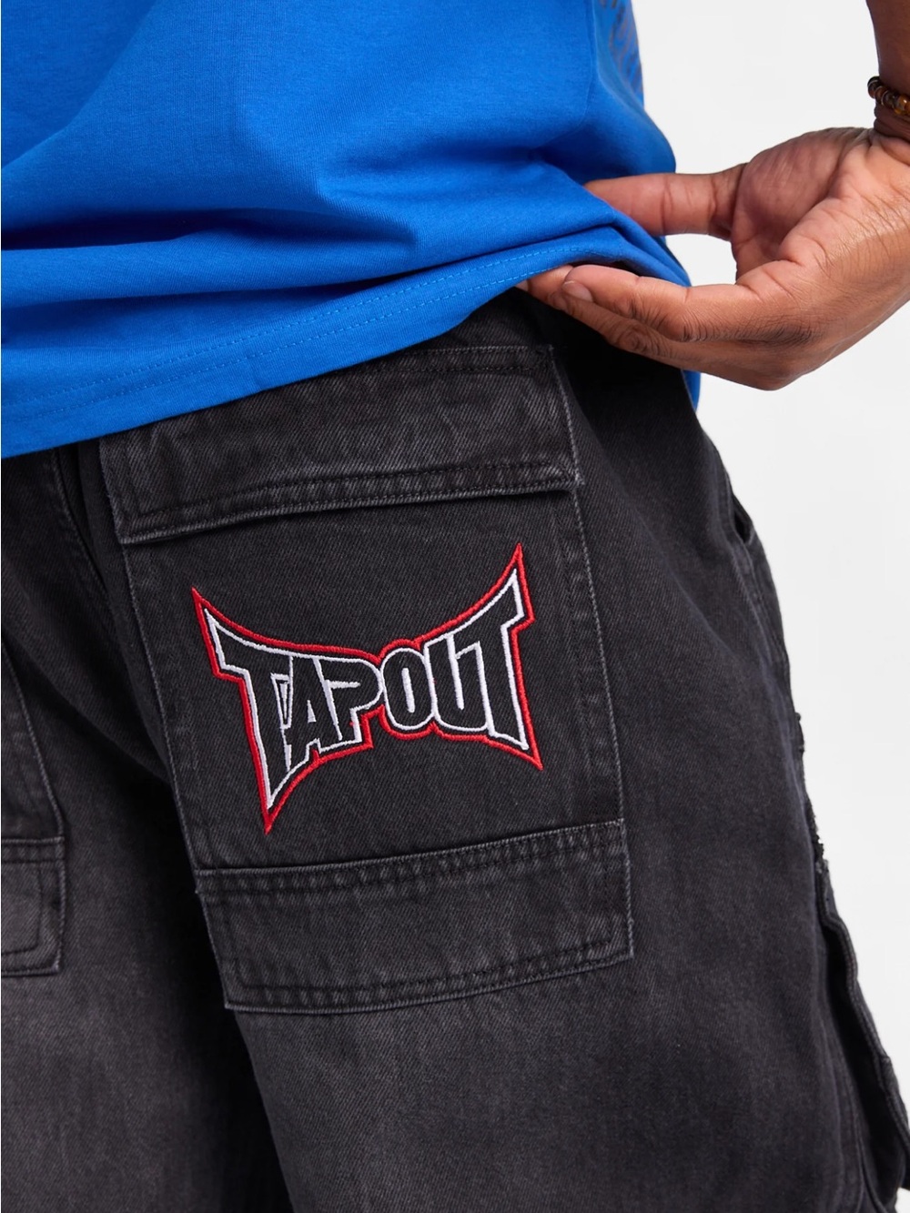 Tapout Black Cargo Shorts with Red Logo Patch